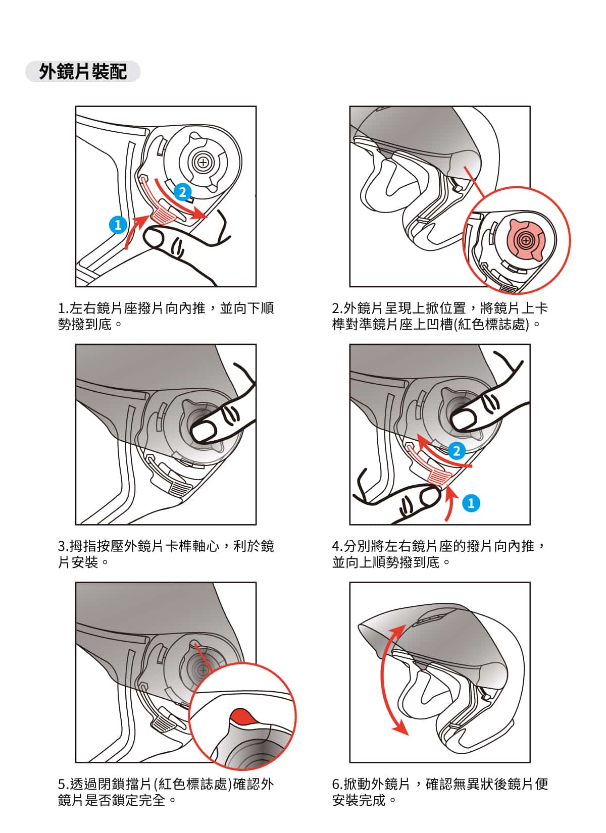外鏡片裝配，左右鏡片座撥片內推，並向下順勢撥到底。外鏡片呈上掀位置，將鏡片卡榫對準鏡片座凹槽處