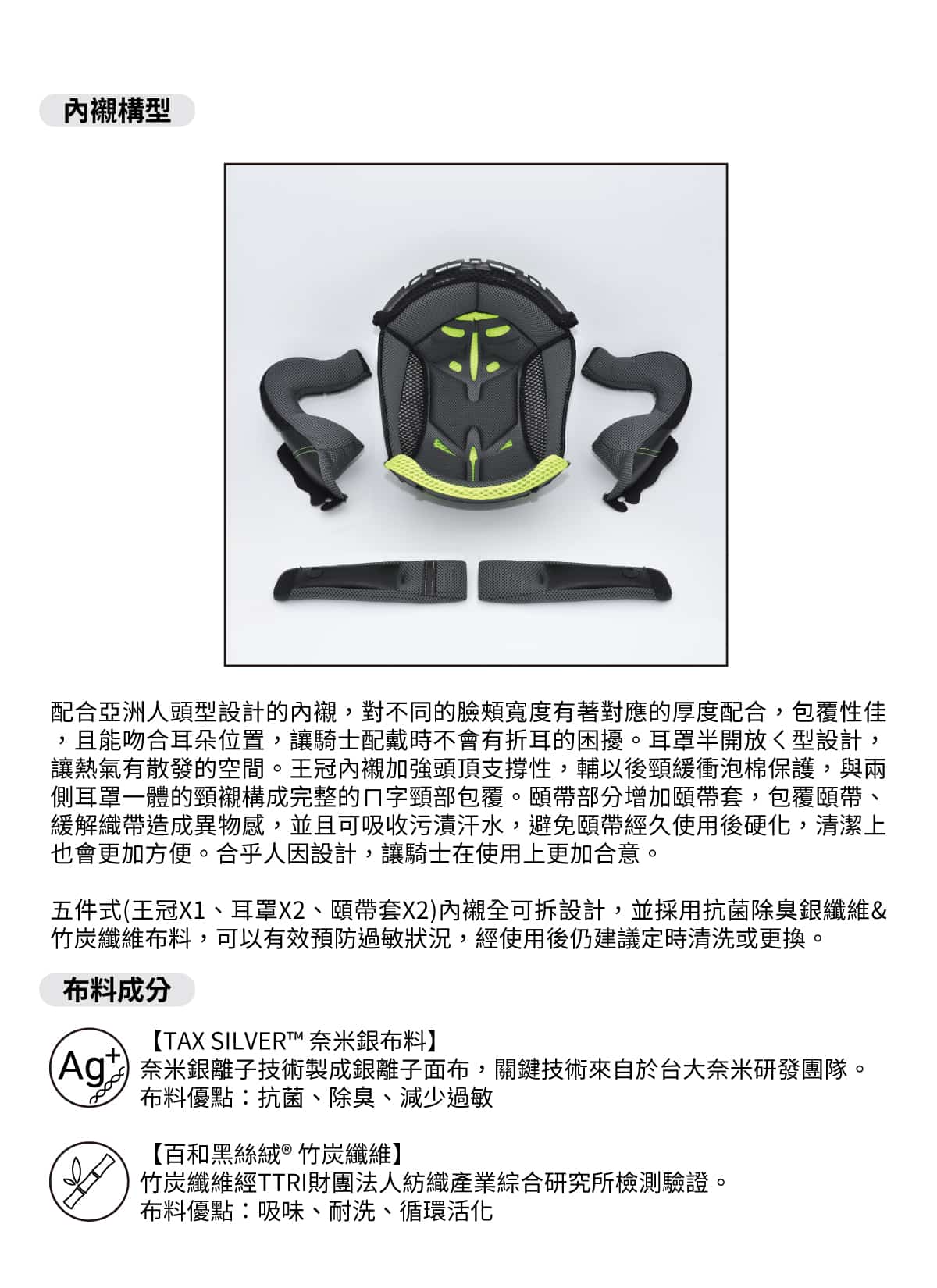 內襯構型，配合亞洲人頭型設計的內襯對不同的臉頰寬度有著對應的厚度，布料成份：TAX SILVER奈米銀布料＆百和黑絲絨竹炭纖維